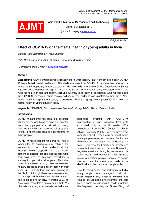 (PDF) Effect Of COVID-19 on The Mental Health of Young Adults in India