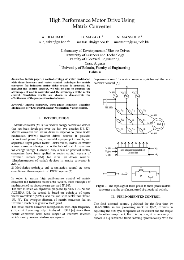 (PDF) High performance motor drive using matrix converter