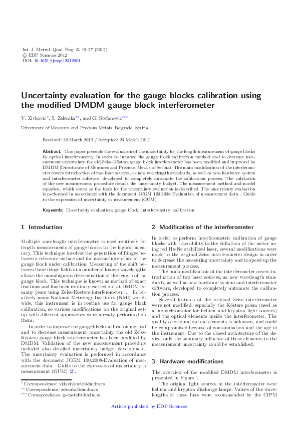 (PDF) Uncertainty evaluation for the gauge blocks calibration using the