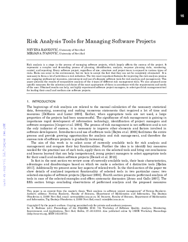 (PDF) Risk Analysis Tools for Managing Software Projects