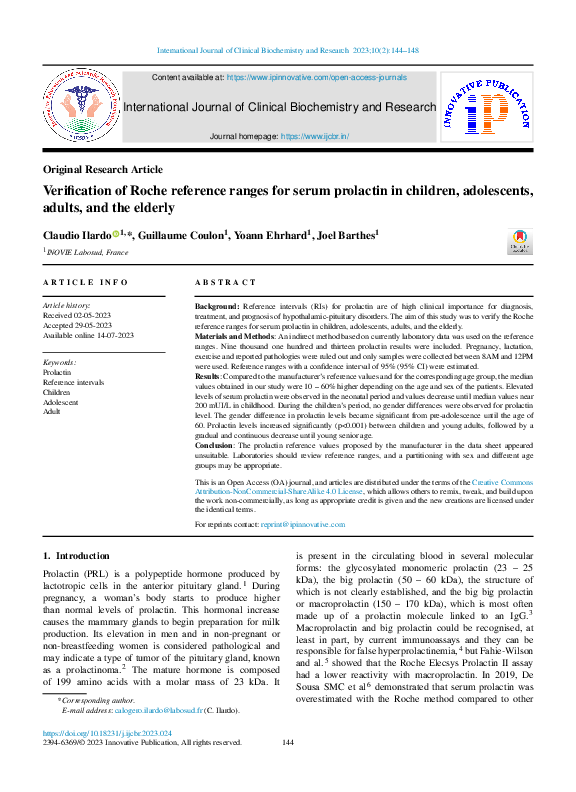 (PDF) Verification of Roche reference ranges for serum prolactin in ...