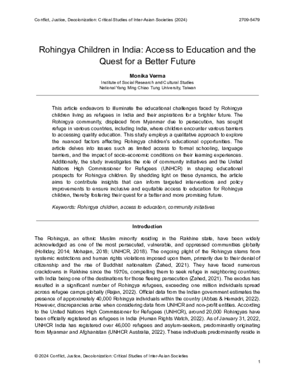 (PDF) Rohingya Children in India: Access to Education and the Quest for ...