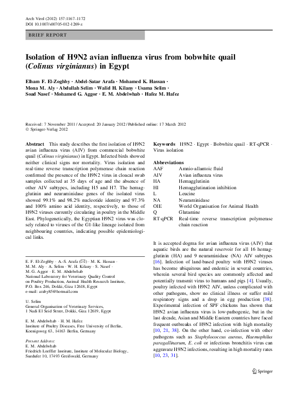 (PDF) Isolation of H9N2 avian influenza virus from bobwhite quail ...