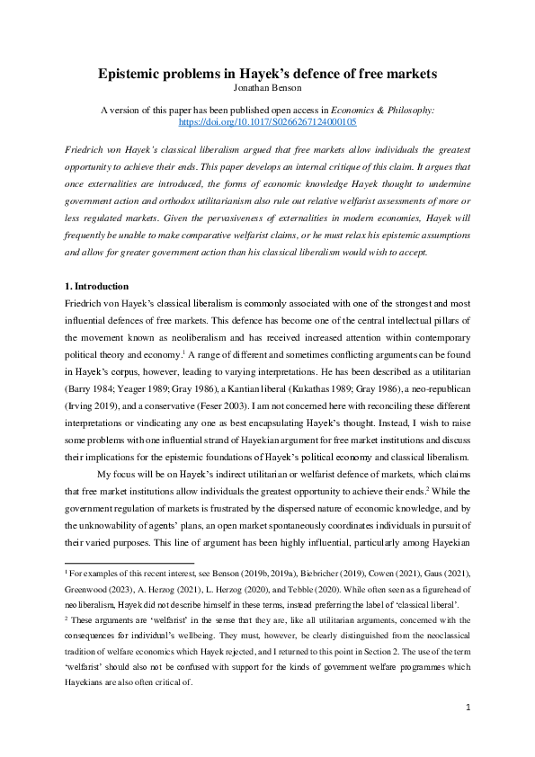 (PDF) Epistemic problems in Hayek's defence of free markets