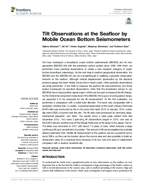 (PDF) Tilt Observations at the Seafloor by Mobile Ocean Bottom Seismometers