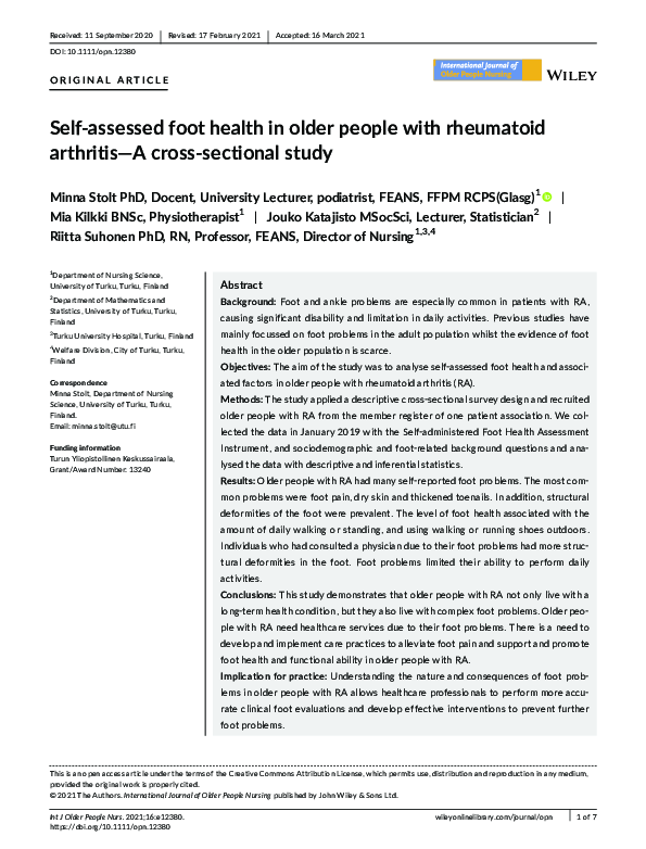 (PDF) Self‐assessed foot health in older people with rheumatoid ...