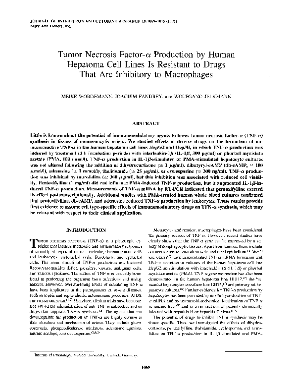 (PDF) Tumor Necrosis Factor-α Production by Human Hepatoma Cell Lines ...