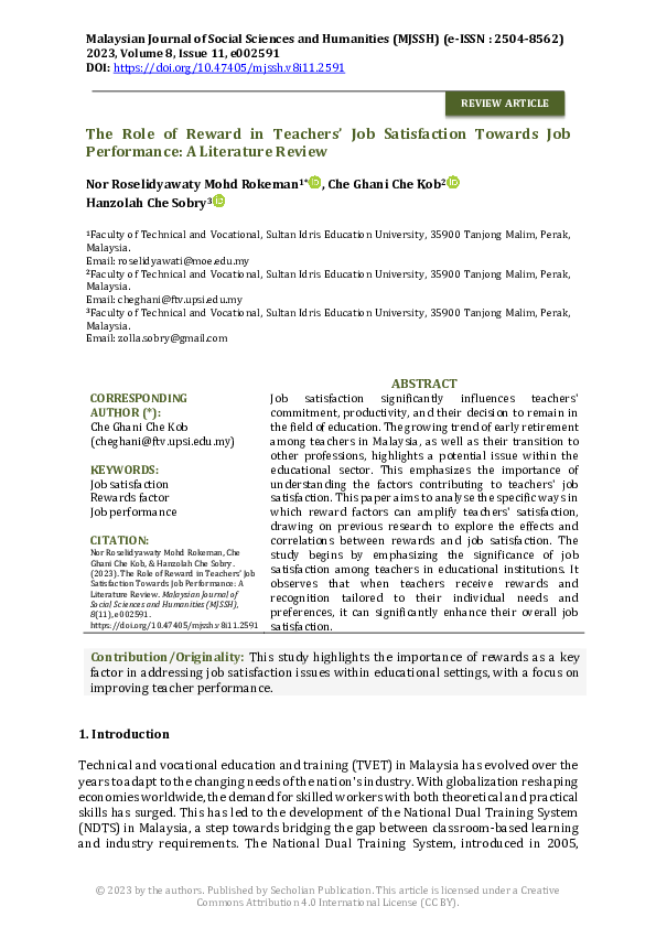 (PDF) The Role of Reward in Teachers' Job Satisfaction Towards Job ...