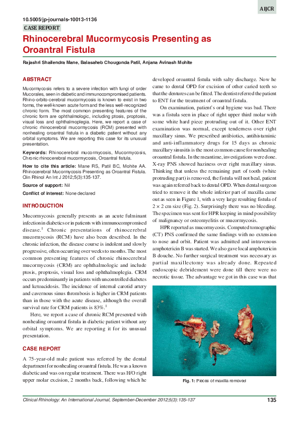 (PDF) Rhinocerebral Mucormycosis Presenting as Oroantral Fistula