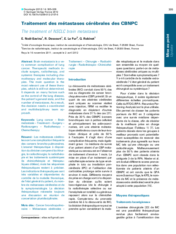 (PDF) Traitement des métastases cérébrales des CBNPC