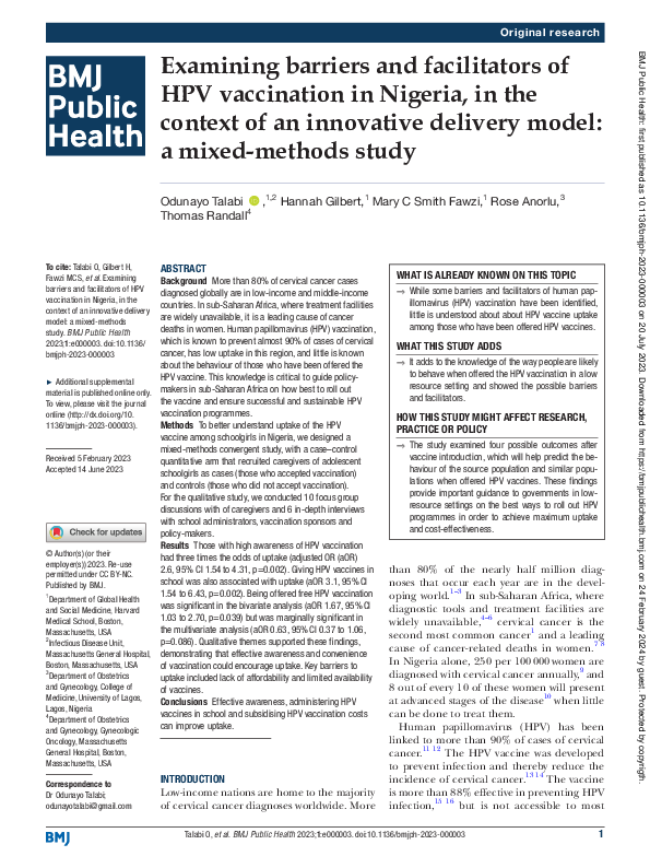 (PDF) Examining barriers and facilitators of HPV vaccination in Nigeria ...