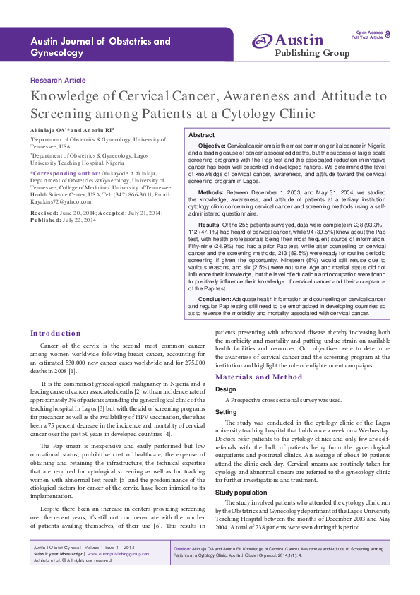 (PDF) Knowledge of Cervical Cancer, Awareness and Attitude to Screening ...
