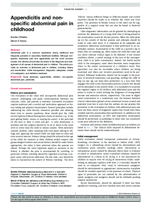(PDF) Appendicitis and non-specific abdominal pain in children
