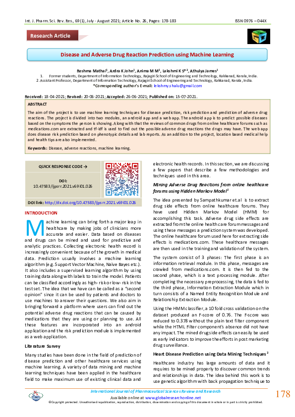 (PDF) Disease and Adverse Drug Reaction Prediction using Machine Learning