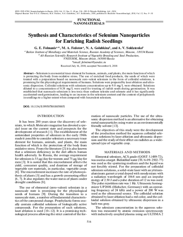 (PDF) Synthesis and Characteristics of Selenium Nanoparticles for ...