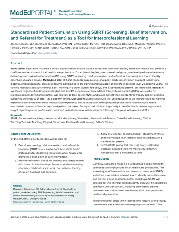 (PDF) Standardized Patient Simulation Using SBIRT (Screening, Brief ...