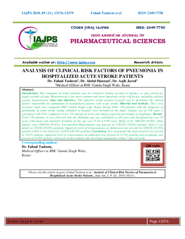 (PDF) Analysis of Clinical Risk Factors of Pneumonia in Hospitalized ...