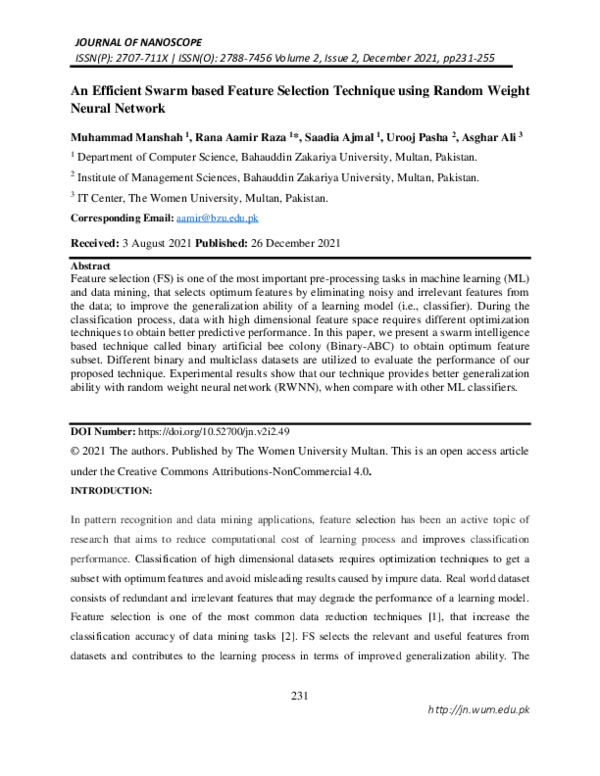 (PDF) An Efficient Swarm based Feature Selection Technique using Random ...