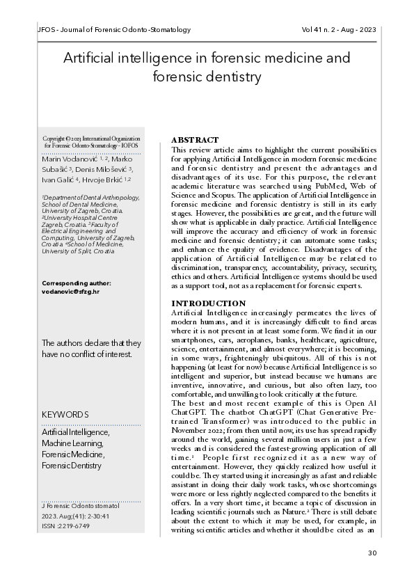 (PDF) Artificial intelligence in forensic medicine and forensic dentistry