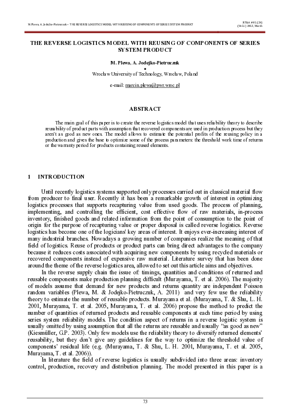 (PDF) The reverse logistics model with reusing of components of series ...