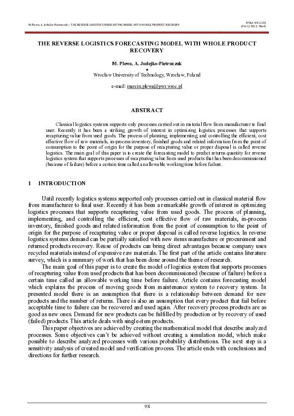 (PDF) The reverse logistics forecasting model with whole product recovery