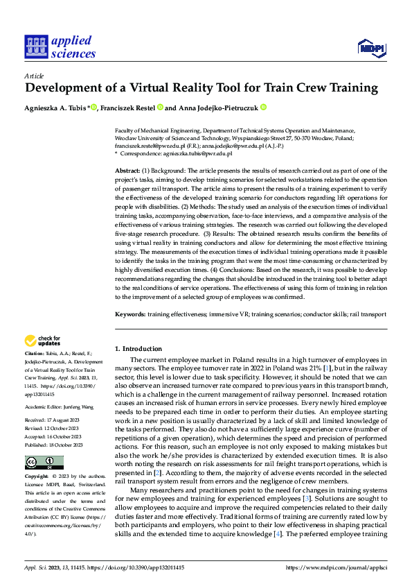 (PDF) Development of a Virtual Reality Tool for Train Crew Training