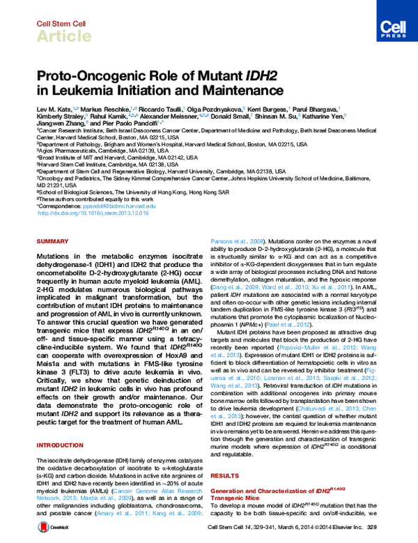 (PDF) Proto-Oncogenic Role of Mutant IDH2 in Leukemia Initiation and ...
