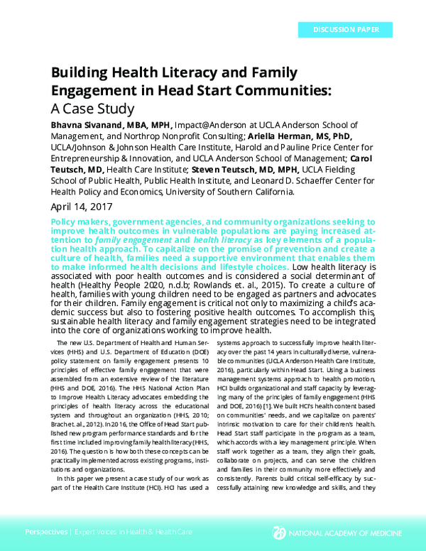 (PDF) Building Health Literacy and Family Engagement in Head Start ...