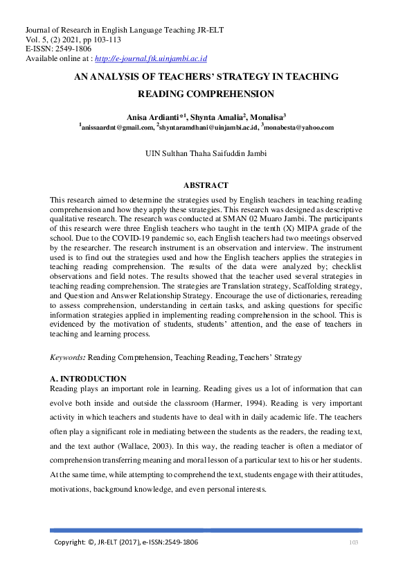 (PDF) An Analysis of Teachers' Strategy in Teaching Reading Comprehension