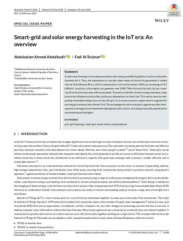 (PDF) Smart‐grid and solar energy harvesting in the IoT era: An overview