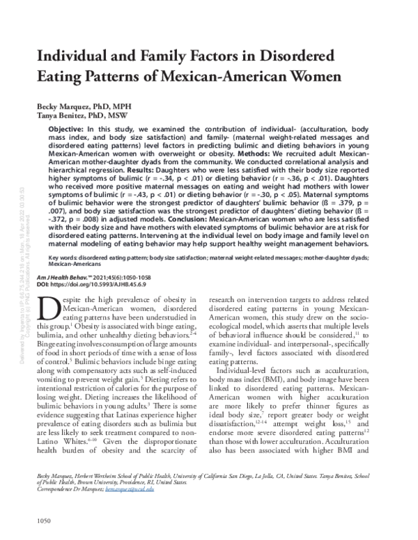 (PDF) Individual and Family Factors in Disordered Eating Patterns of ...