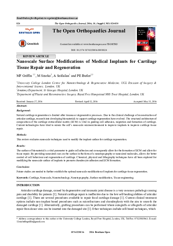(PDF) Nanoscale Surface Modifications of Medical Implants for Cartilage ...