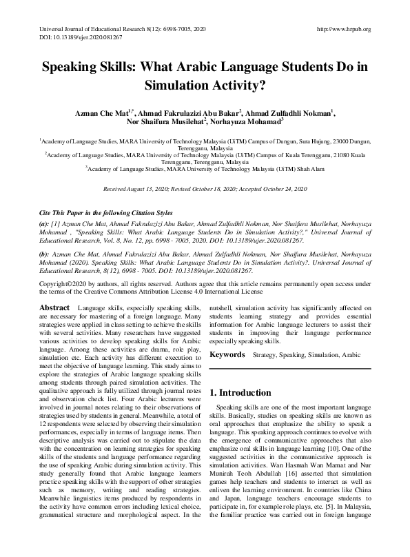 (PDF) Speaking Skills: What Arabic Language Students Do in Simulation ...