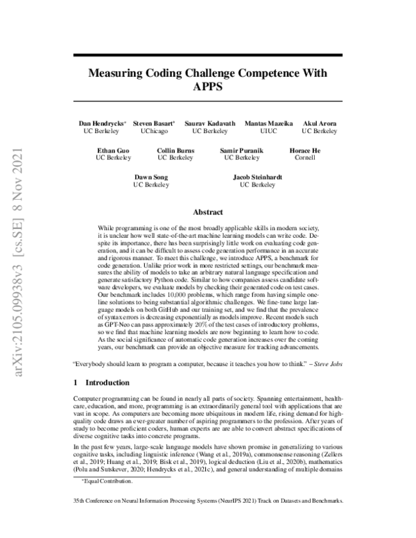 (PDF) Measuring Coding Challenge Competence With APPS
