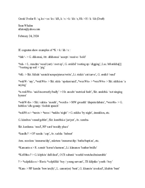 (PDF) Greek Uvular R / q, ks > xs / kx / kR, k / x > k / kh / r, Hk > H ...