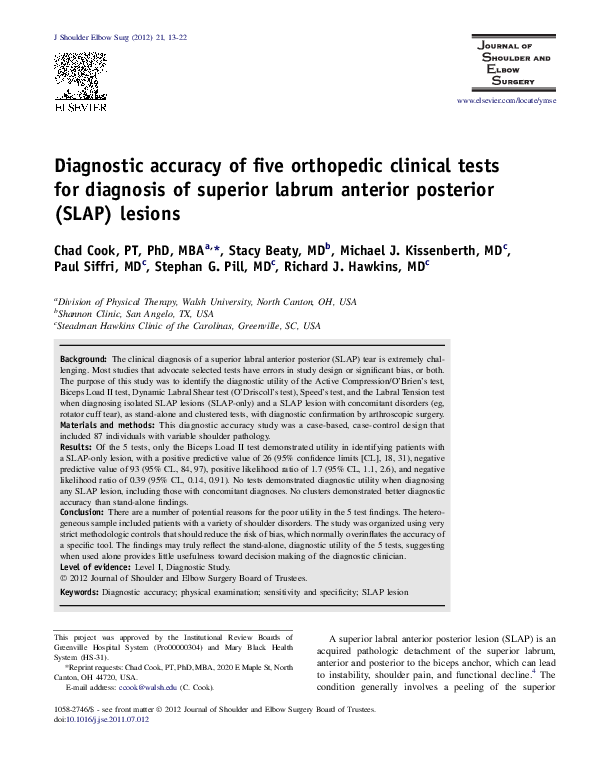 (PDF) Diagnostic accuracy of five orthopedic clinical tests for ...
