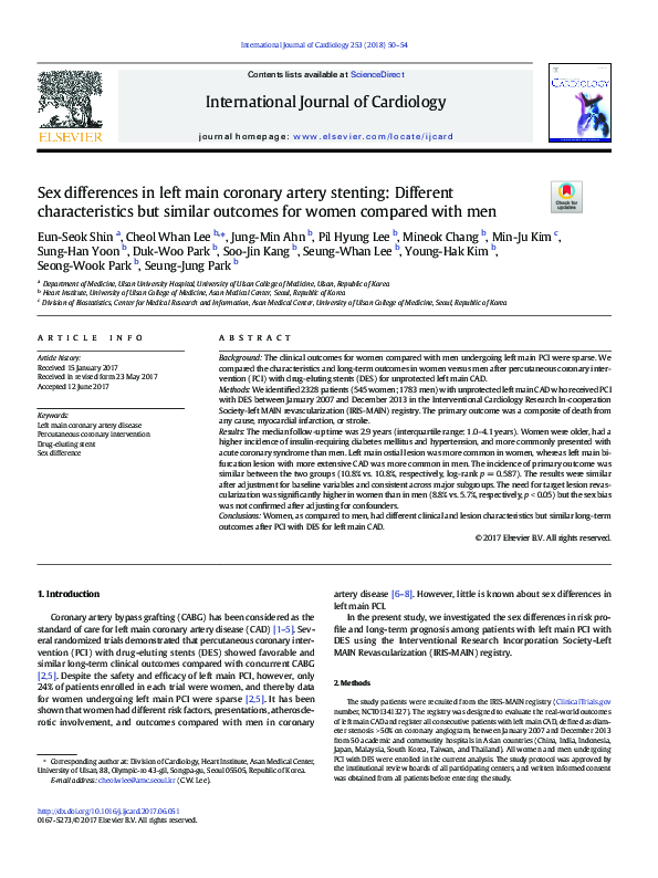 (PDF) Sex differences in left main coronary artery stenting: Different ...
