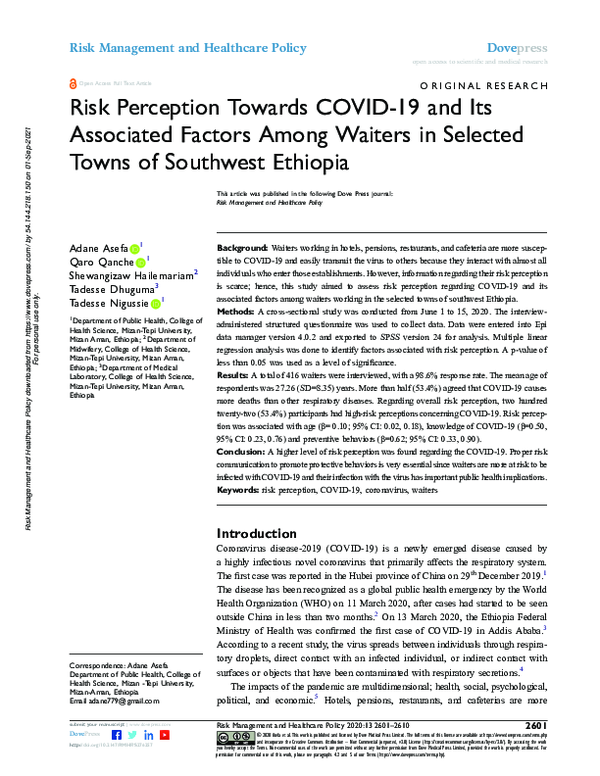 (PDF) Risk Perception Towards COVID-19 and Its Associated Factors Among ...