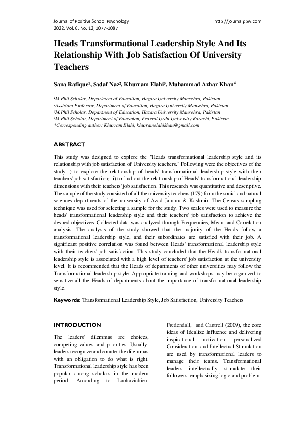 (PDF) Heads Transformational Leadership Style And Its Relationship With ...