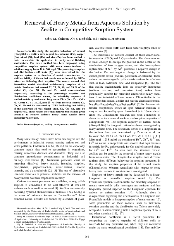 (PDF) Removal of Heavy Metals from Aqueous Solution by Zeolite in ...