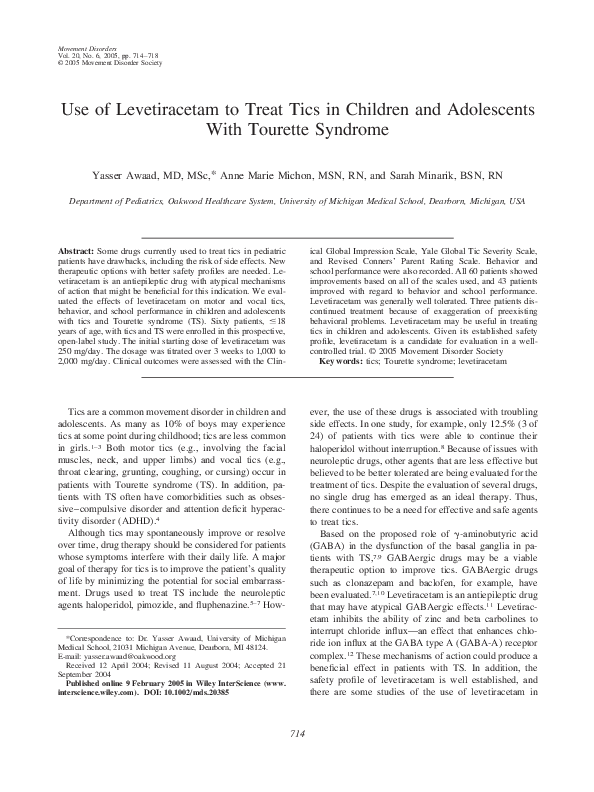 (PDF) The Use of Levetiracetam to Treat Tics in Children and ...