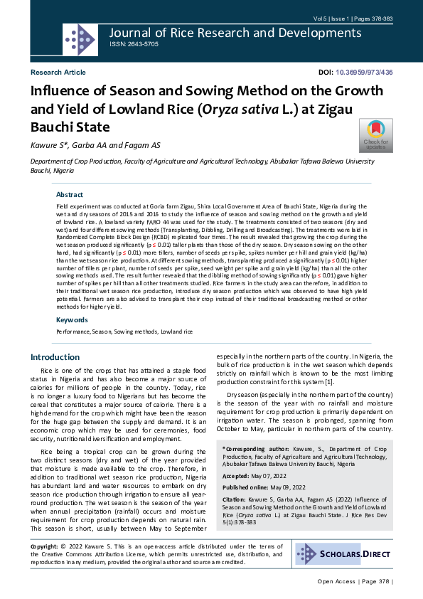 (PDF) Influence of Season and Sowing Method on the Growth and Yield of ...