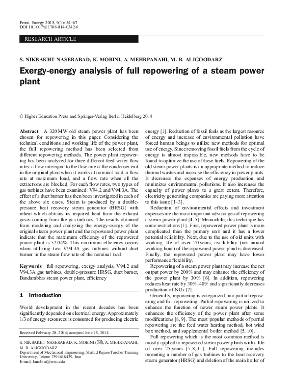 (PDF) Exergy-energy analysis of full repowering of a steam power plant