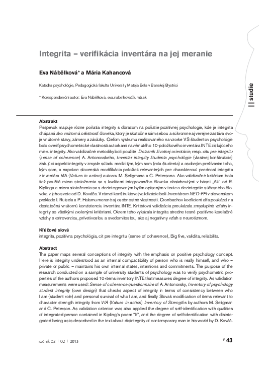 (PDF) Integrita – verifikácia inventára na jej meranie