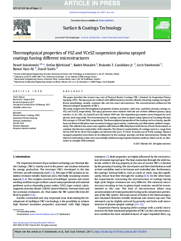 (PDF) Thermophysical properties of YSZ and YCeSZ suspension plasma ...