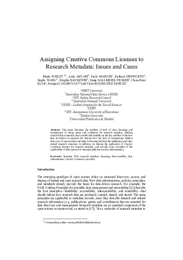 (PDF) Assigning Creative Commons Licenses to Research Metadata: Issues ...