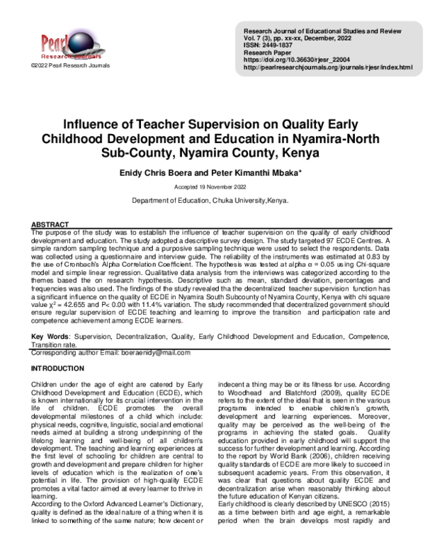 (PDF) Influence of Teacher Supervision on Quality Early Childhood ...