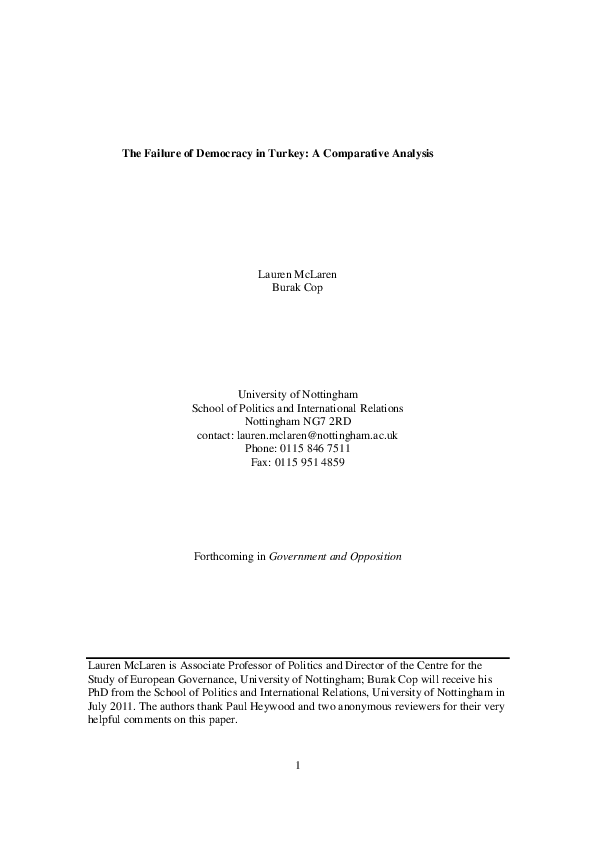 (PDF) The Failure of Democracy in Turkey: A Comparative Analysis