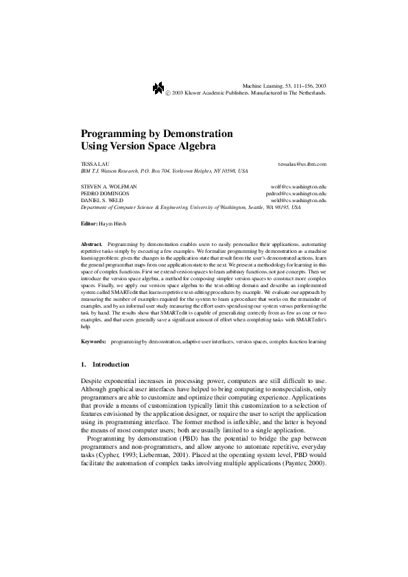 (PDF) Programming by Demonstration Using Version Space Algebra