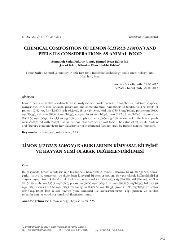 (PDF) Chemical Composition of Lemon (Citrus Limon) and Peels Its ...